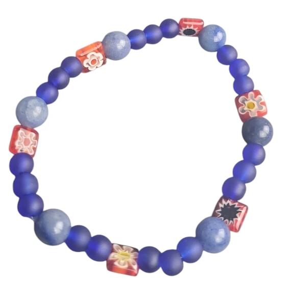 Millefiori Floral Adventurine Frosted Glass Stretch Bracelet - Picture 2 of 4